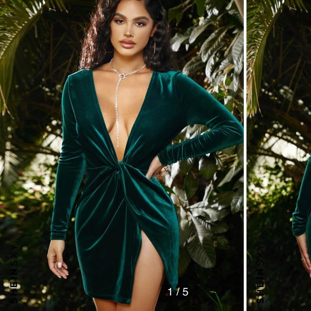 SHEIN Green Emerald Velvet Dress